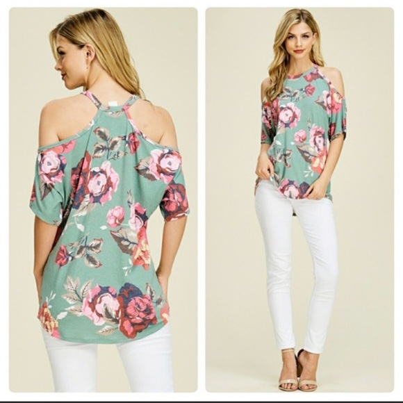 🌺1 LEFT🌺 Sage Floral Cold Shoulder Top - Picture 3 of 6